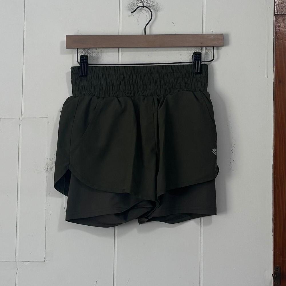 Forever 21 Womens Smocked High Waist Running Shorts Olive Green Small